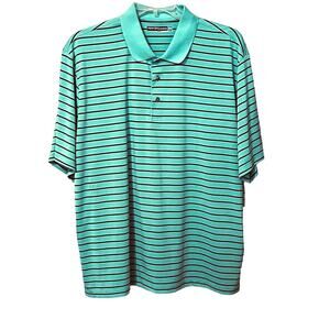 ROUNDTREE & YORKE SHORT SLEEVES POLO, MENS, XXL, TEAL BLUE & BLACK STRIPES